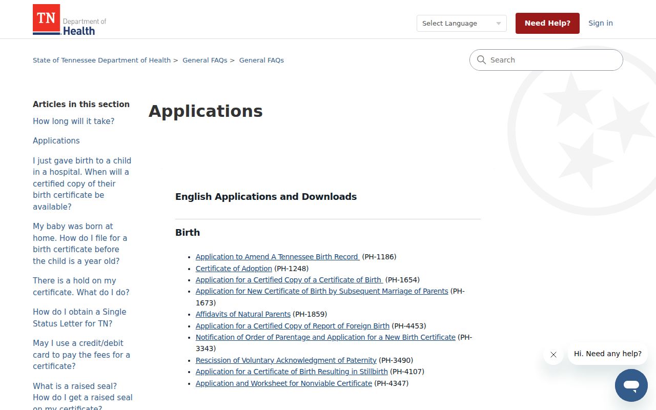 Nashville public records vital certificate application menu