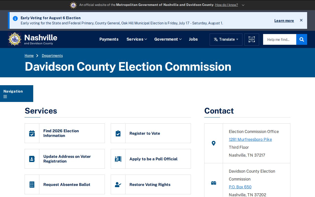Nashville voter registration services at Davidson County Election Commission