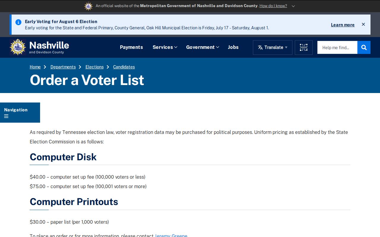 Nashville voter registration list order prices and political-use rule